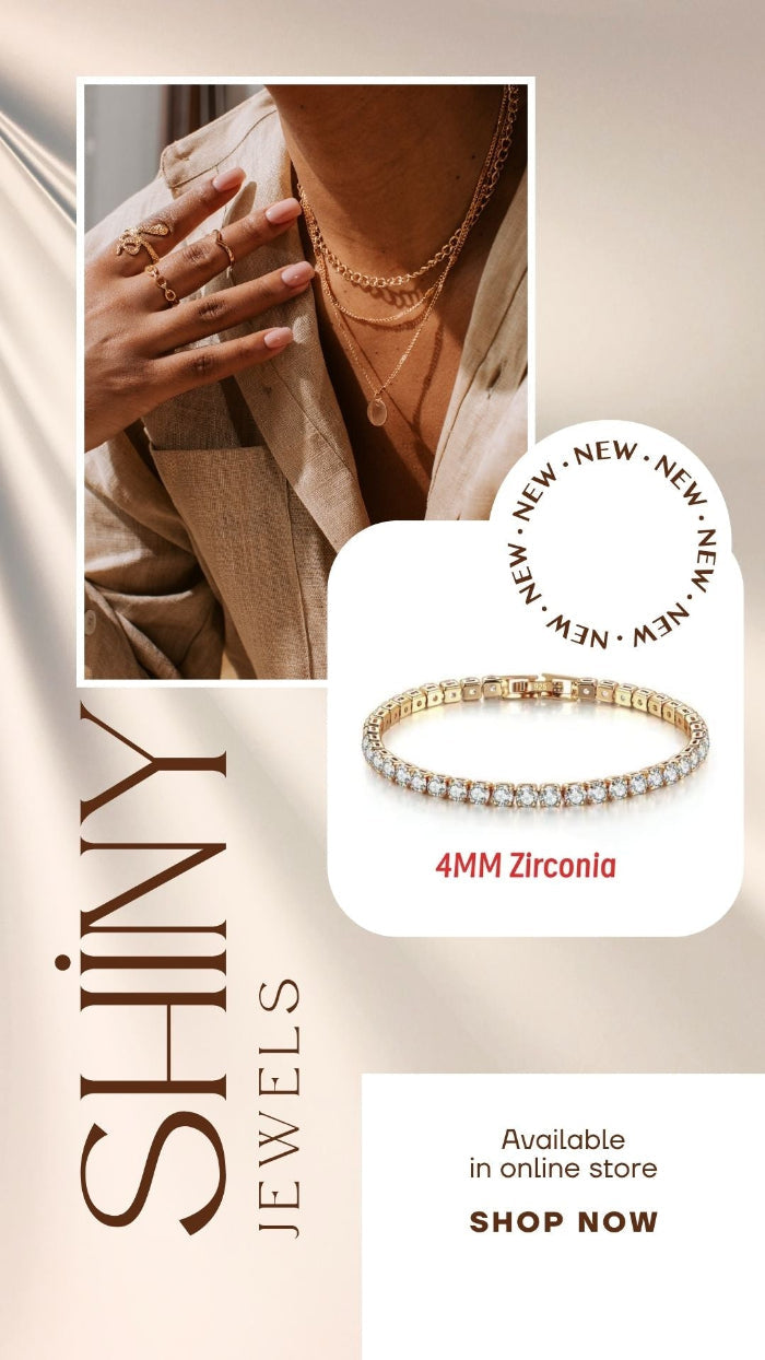 Advertisement for Shiny Jewels featuring a bracelet with zirconia stones and text promoting online shopping.