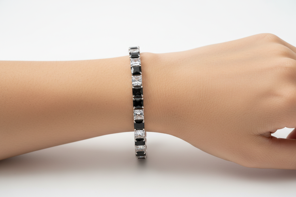 Black and White Tennis Bracelet — wrist shot